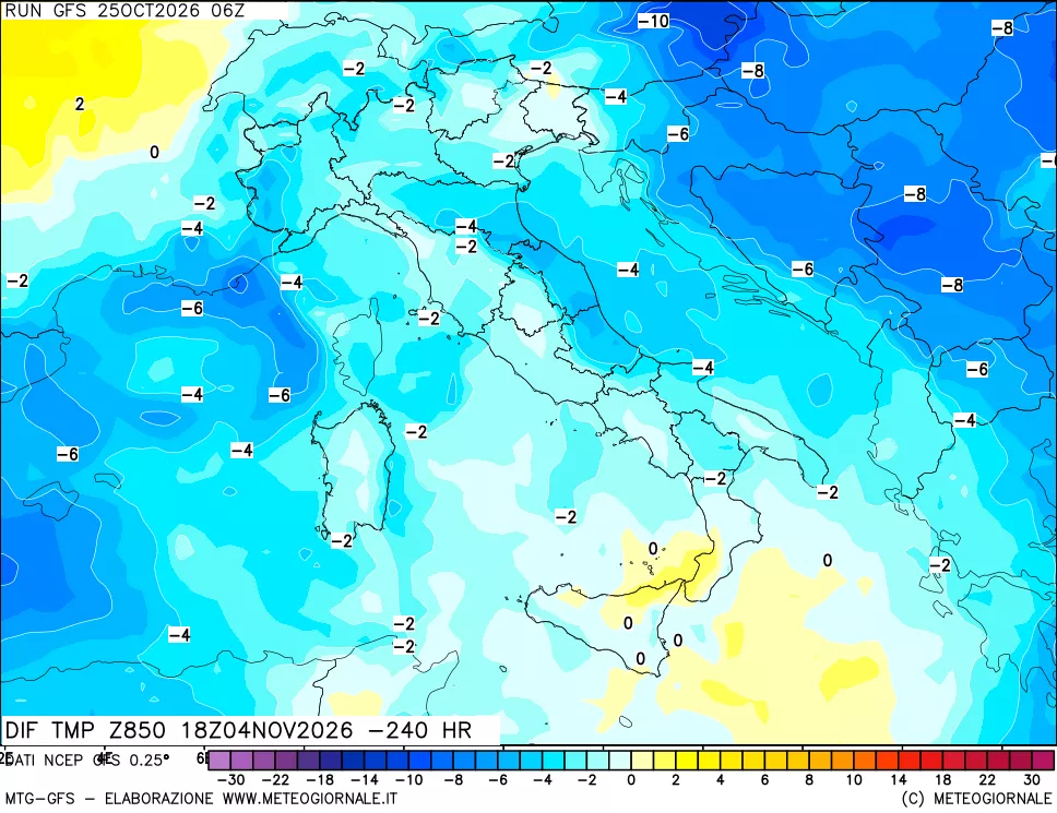 mappa Dif. Temp a 850 hPa Valid - Init