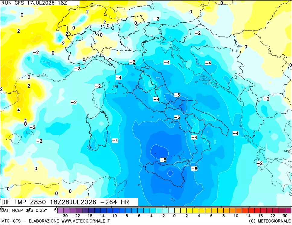 mappa Dif. Temp a 850 hPa Valid - Init