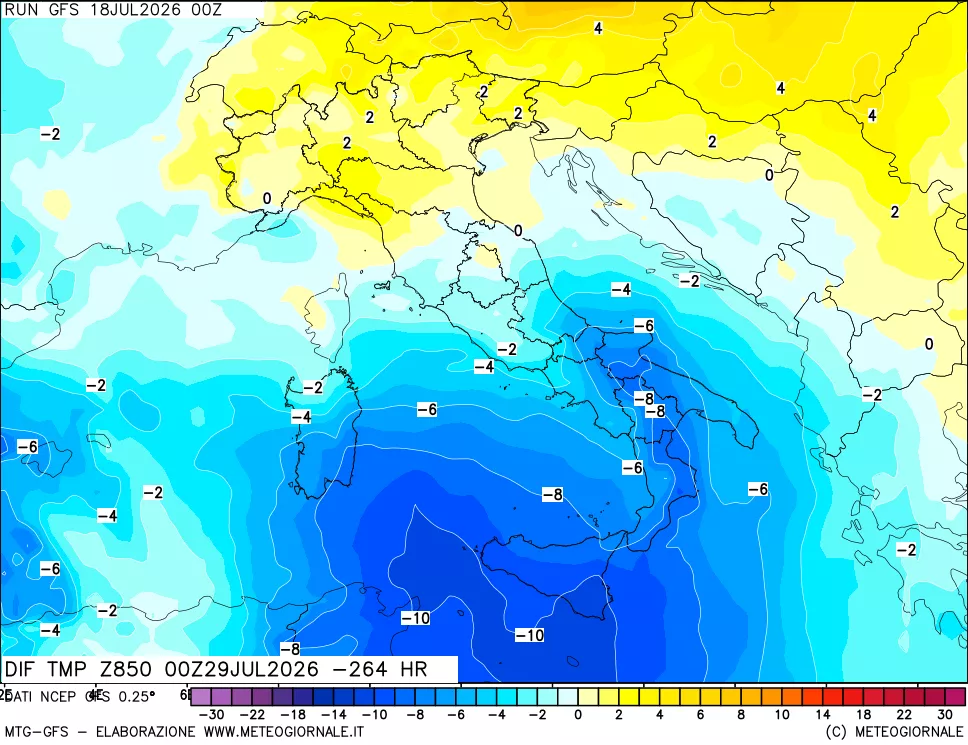 mappa Dif. Temp a 850 hPa Valid - Init