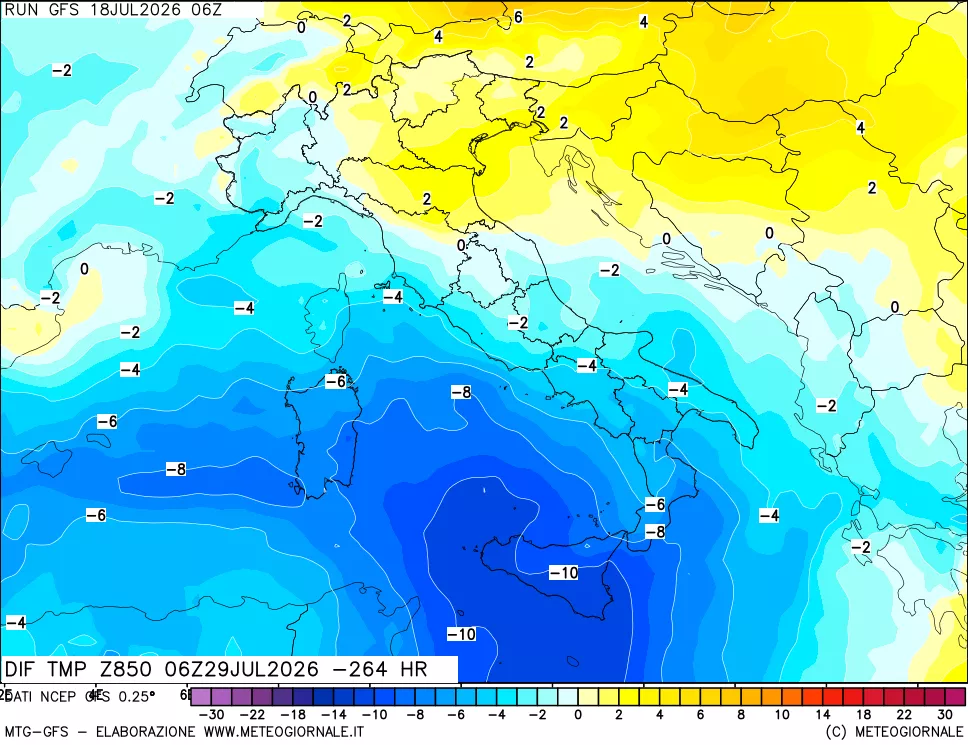 mappa Dif. Temp a 850 hPa Valid - Init