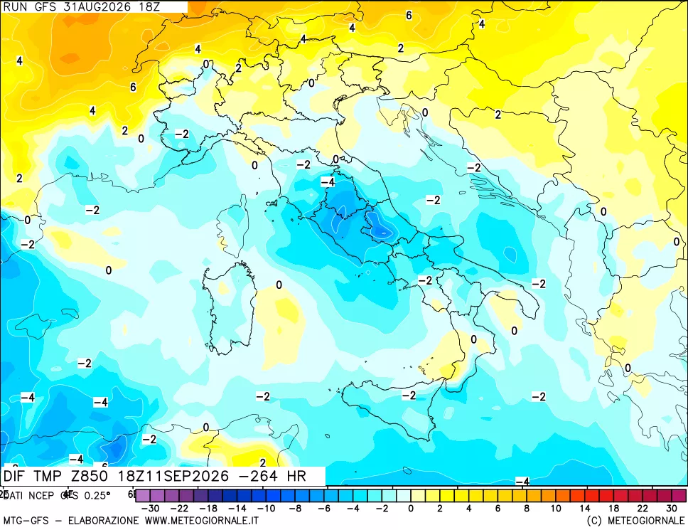 mappa Dif. Temp a 850 hPa Valid - Init