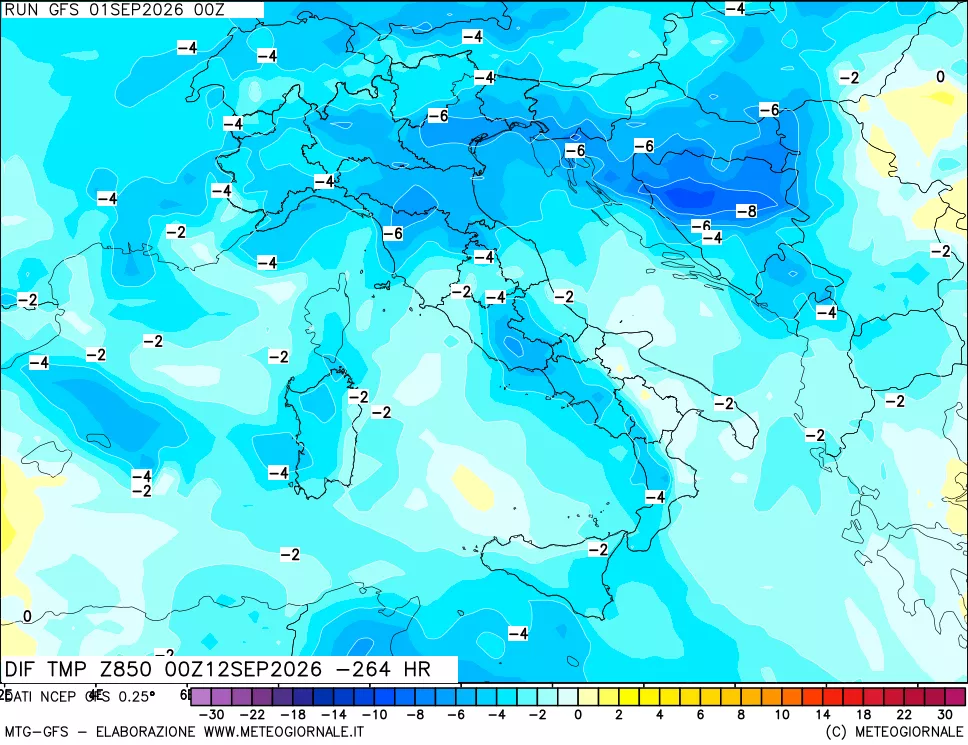mappa Dif. Temp a 850 hPa Valid - Init