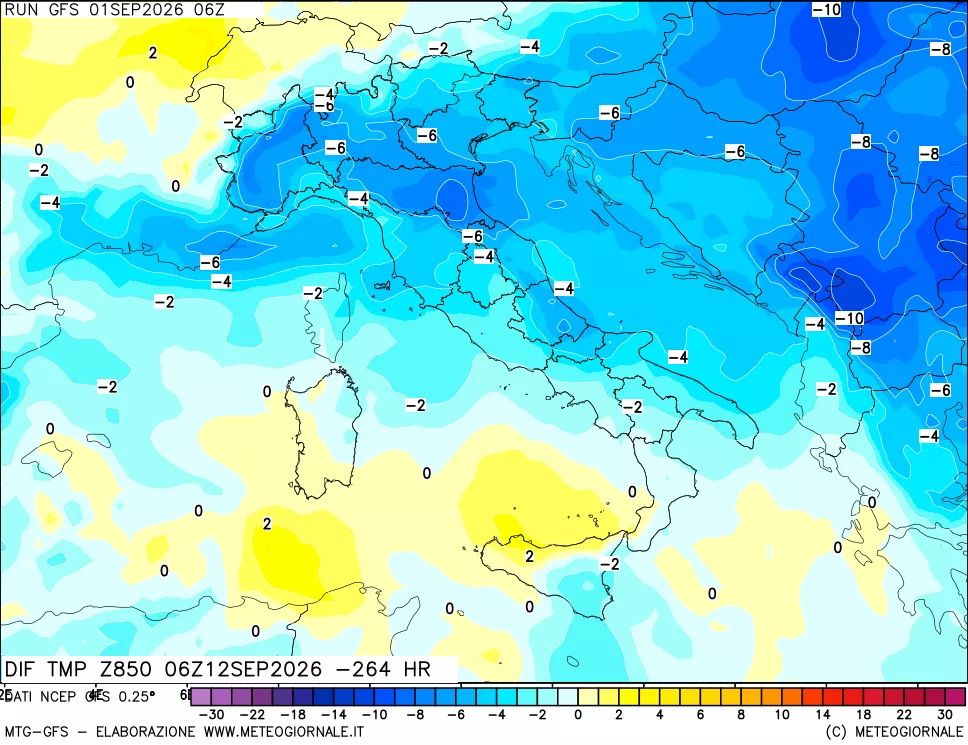 mappa Dif. Temp a 850 hPa Valid - Init