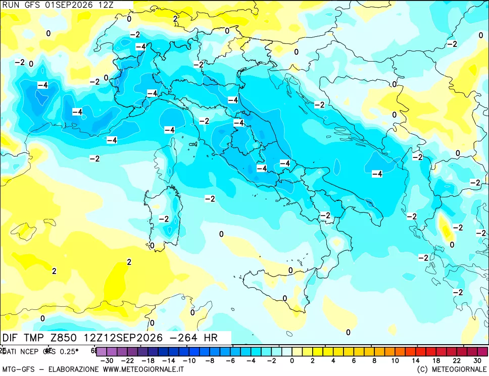 mappa Dif. Temp a 850 hPa Valid - Init