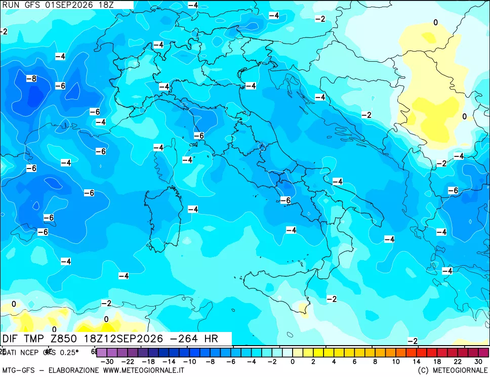 mappa Dif. Temp a 850 hPa Valid - Init