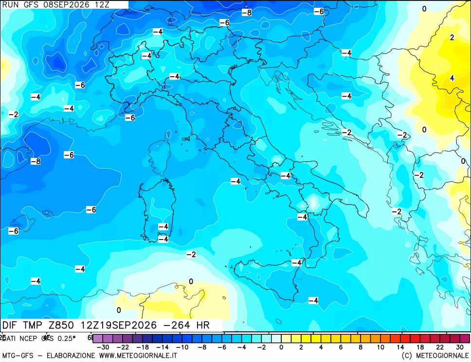 mappa Dif. Temp a 850 hPa Valid - Init