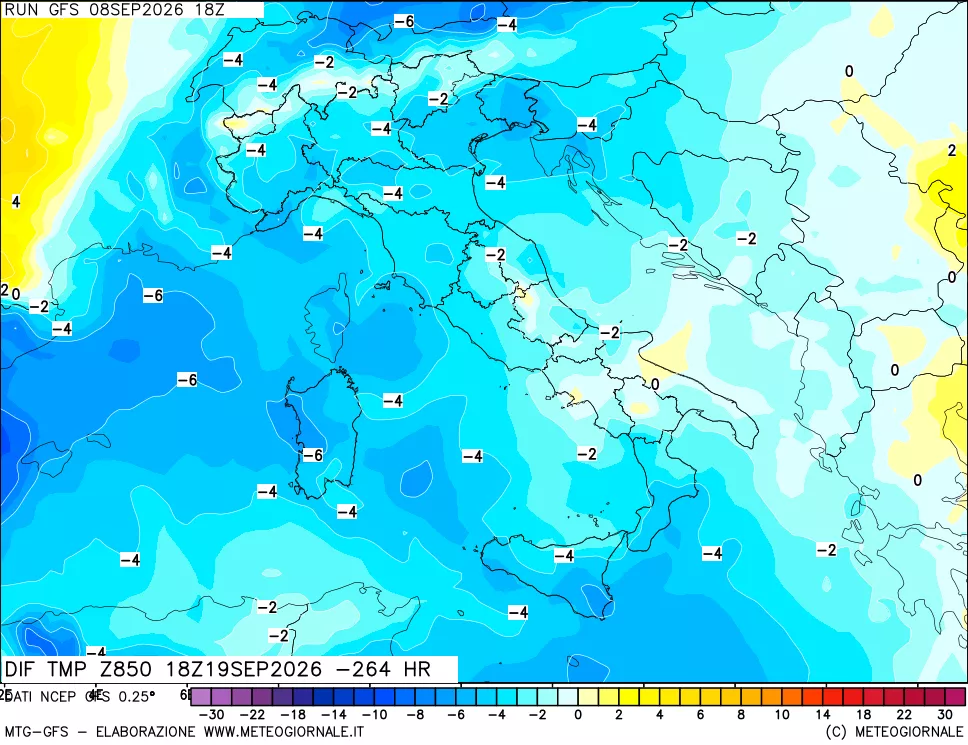 mappa Dif. Temp a 850 hPa Valid - Init