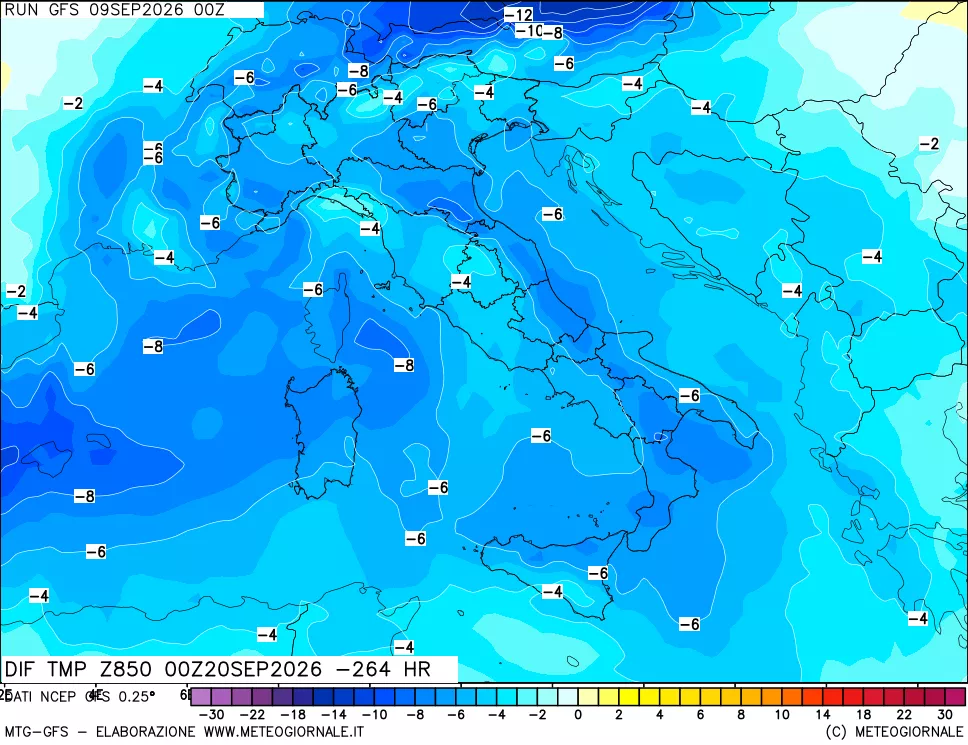 mappa Dif. Temp a 850 hPa Valid - Init
