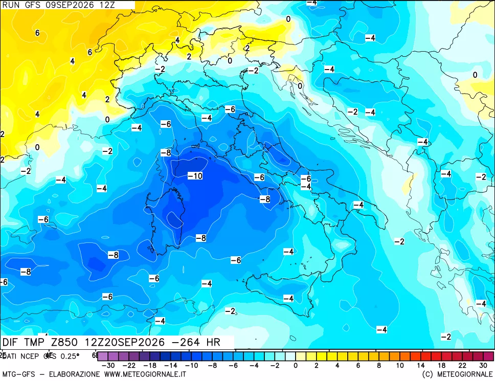mappa Dif. Temp a 850 hPa Valid - Init