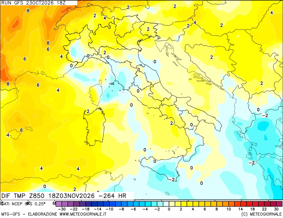 mappa Dif. Temp a 850 hPa Valid - Init