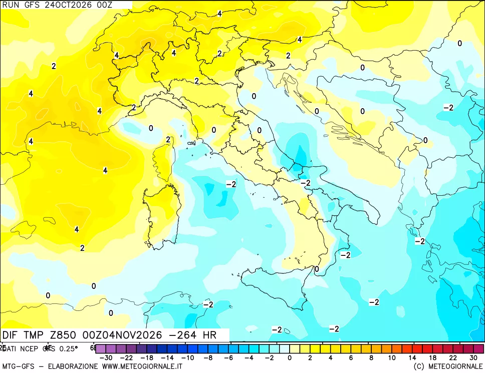 mappa Dif. Temp a 850 hPa Valid - Init