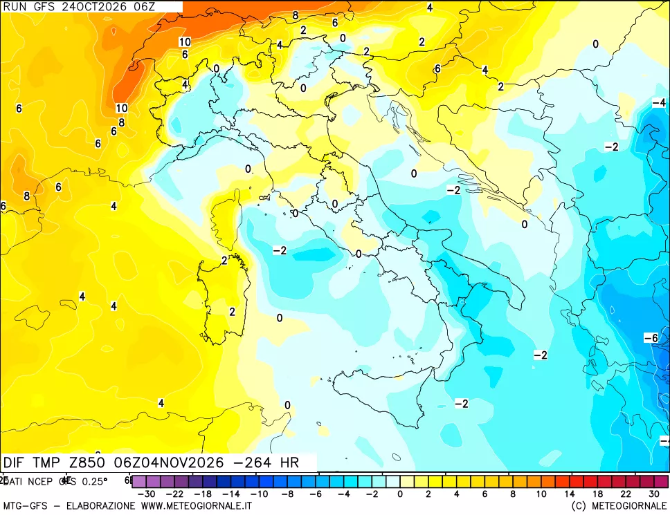 mappa Dif. Temp a 850 hPa Valid - Init