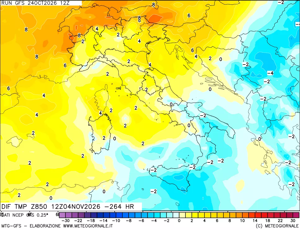 mappa Dif. Temp a 850 hPa Valid - Init