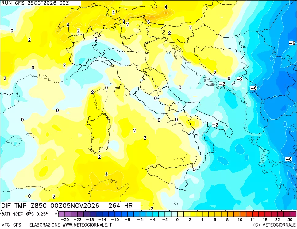 mappa Dif. Temp a 850 hPa Valid - Init