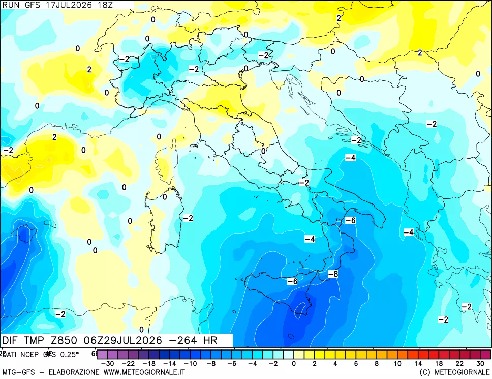 mappa Dif. Temp a 850 hPa Valid - Init