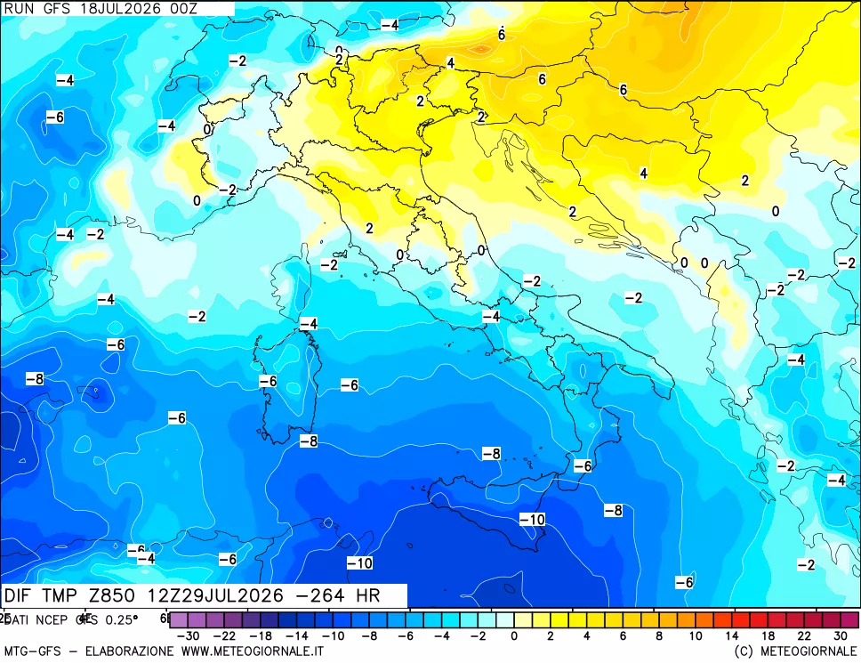 mappa Dif. Temp a 850 hPa Valid - Init