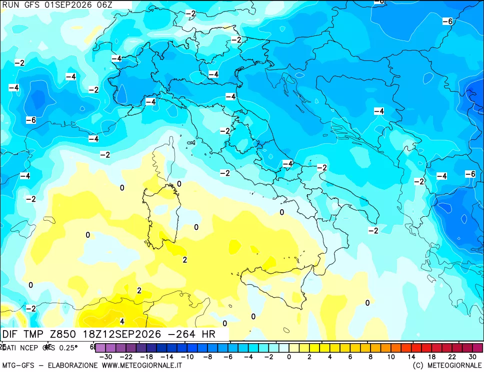 mappa Dif. Temp a 850 hPa Valid - Init