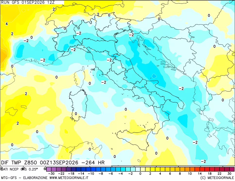 mappa Dif. Temp a 850 hPa Valid - Init