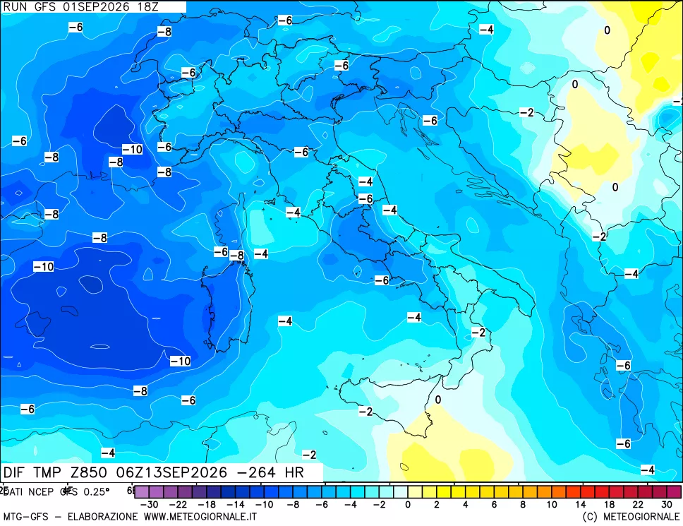 mappa Dif. Temp a 850 hPa Valid - Init