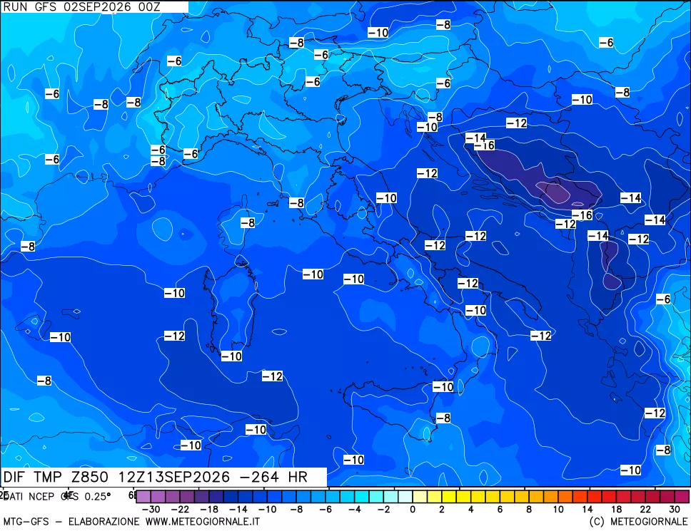 mappa Dif. Temp a 850 hPa Valid - Init