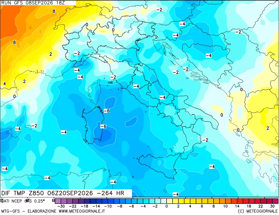 mappa Dif. Temp a 850 hPa Valid - Init
