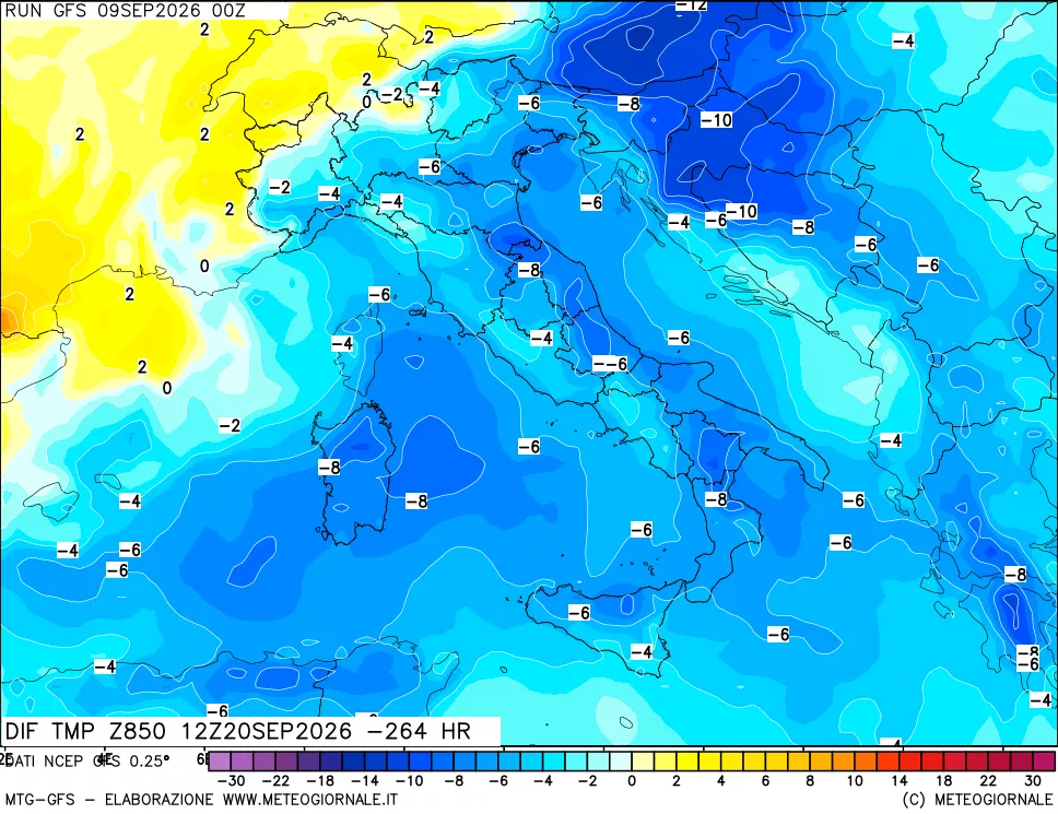 mappa Dif. Temp a 850 hPa Valid - Init