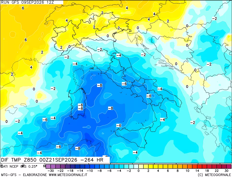 mappa Dif. Temp a 850 hPa Valid - Init