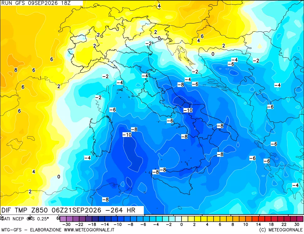 mappa Dif. Temp a 850 hPa Valid - Init