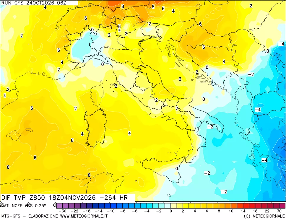 mappa Dif. Temp a 850 hPa Valid - Init