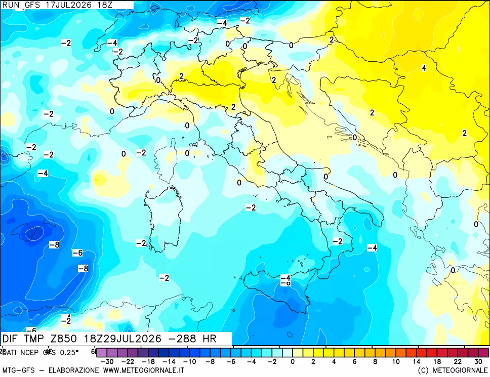 mappa Dif. Temp a 850 hPa Valid - Init