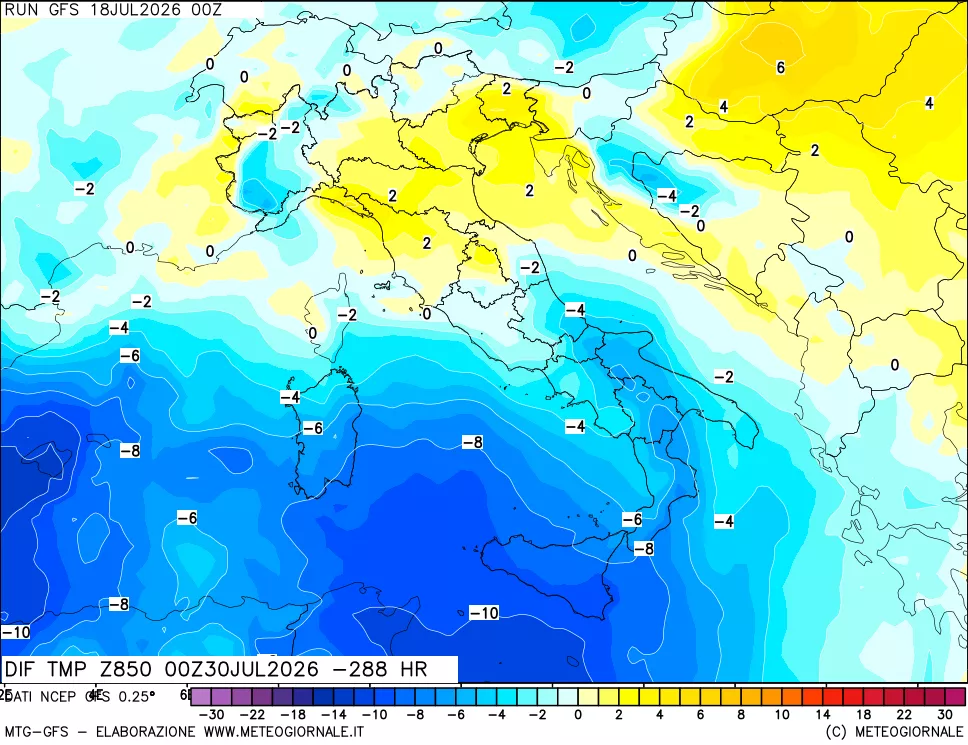 mappa Dif. Temp a 850 hPa Valid - Init