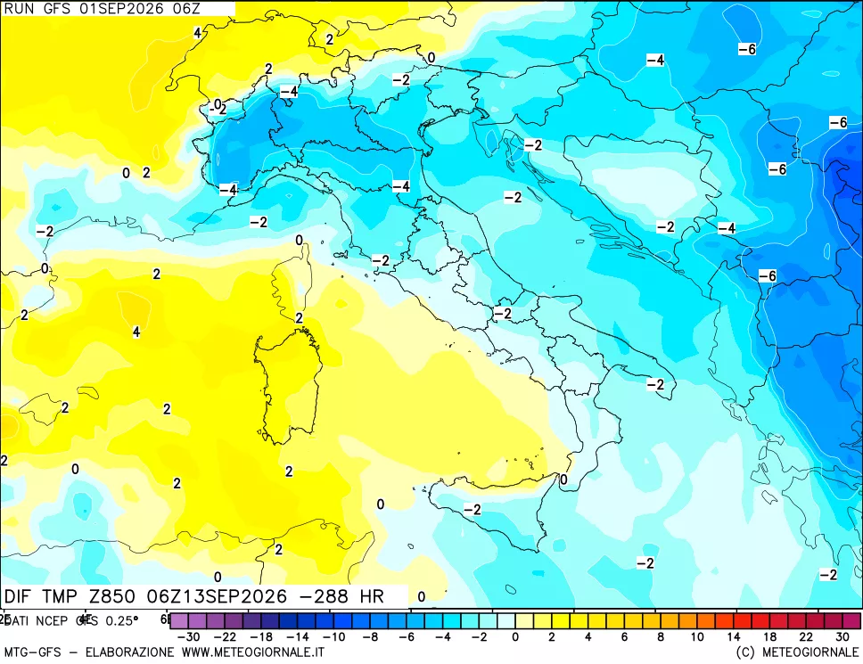 mappa Dif. Temp a 850 hPa Valid - Init