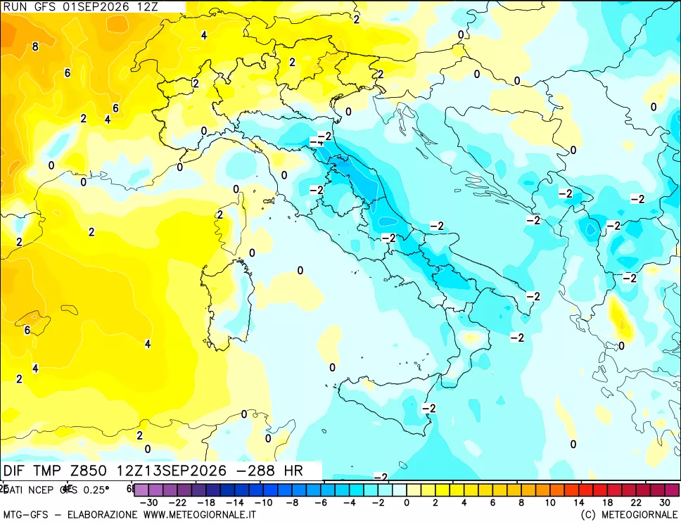 mappa Dif. Temp a 850 hPa Valid - Init