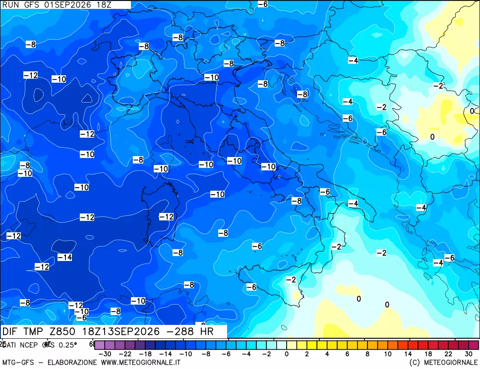 mappa Dif. Temp a 850 hPa Valid - Init