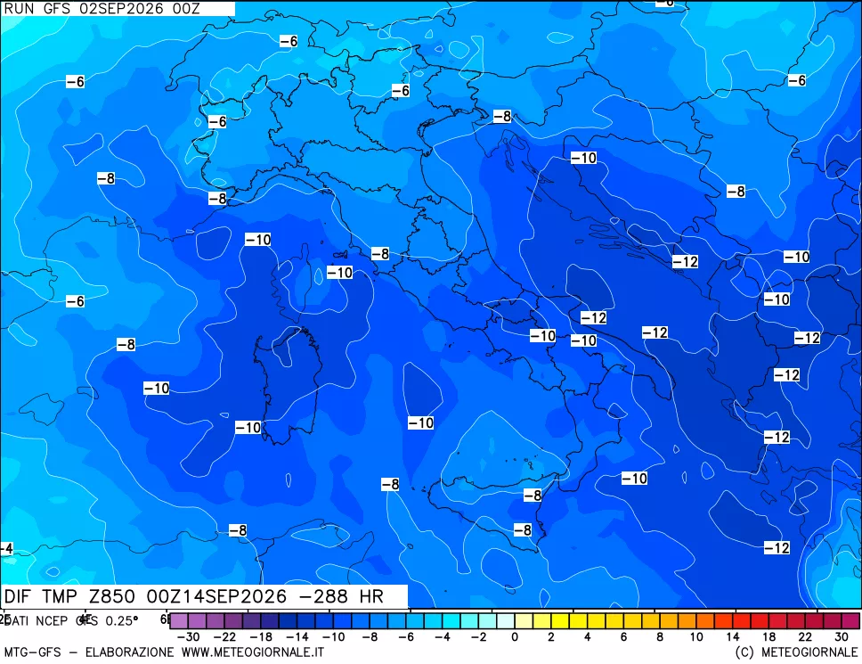 mappa Dif. Temp a 850 hPa Valid - Init