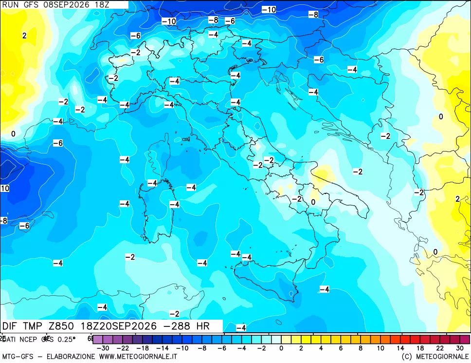 mappa Dif. Temp a 850 hPa Valid - Init