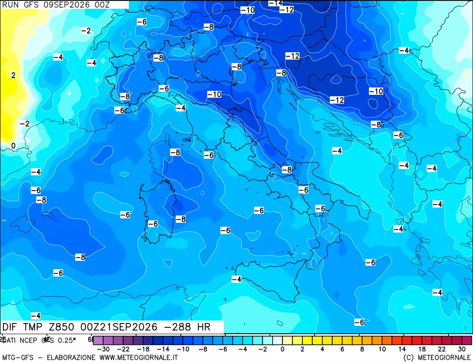 mappa Dif. Temp a 850 hPa Valid - Init