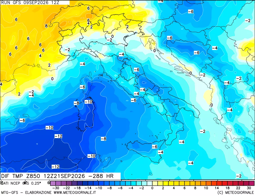 mappa Dif. Temp a 850 hPa Valid - Init