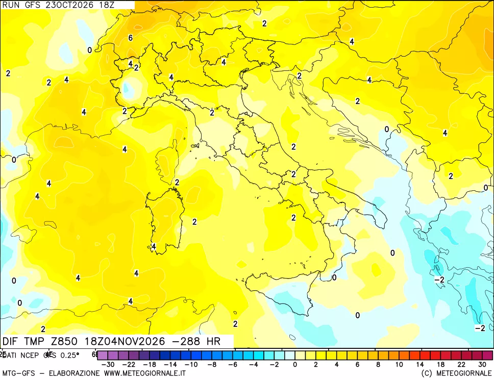 mappa Dif. Temp a 850 hPa Valid - Init