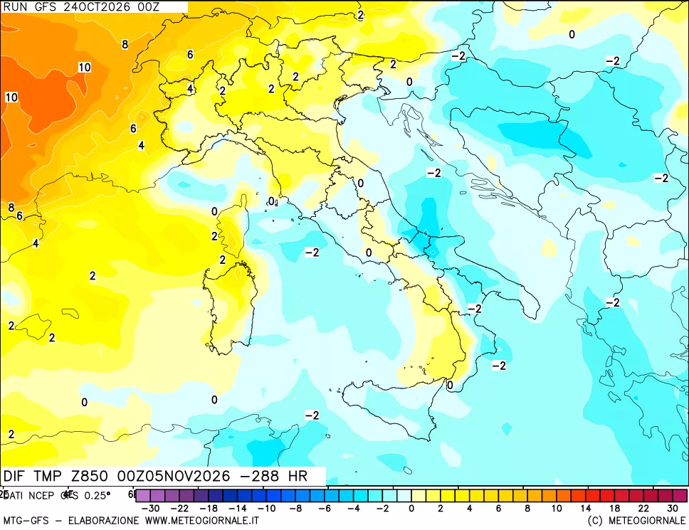 mappa Dif. Temp a 850 hPa Valid - Init