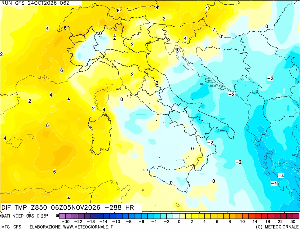 mappa Dif. Temp a 850 hPa Valid - Init