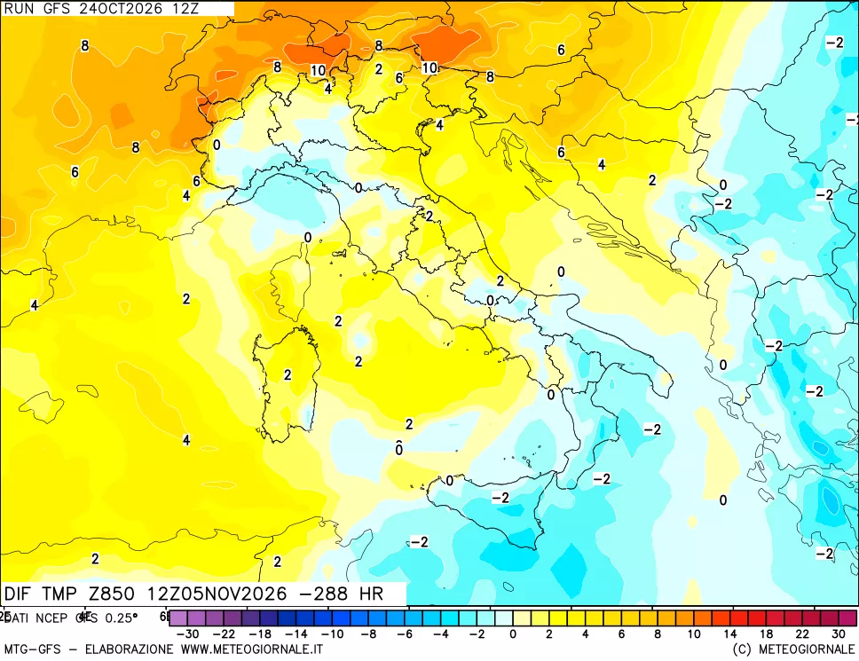 mappa Dif. Temp a 850 hPa Valid - Init