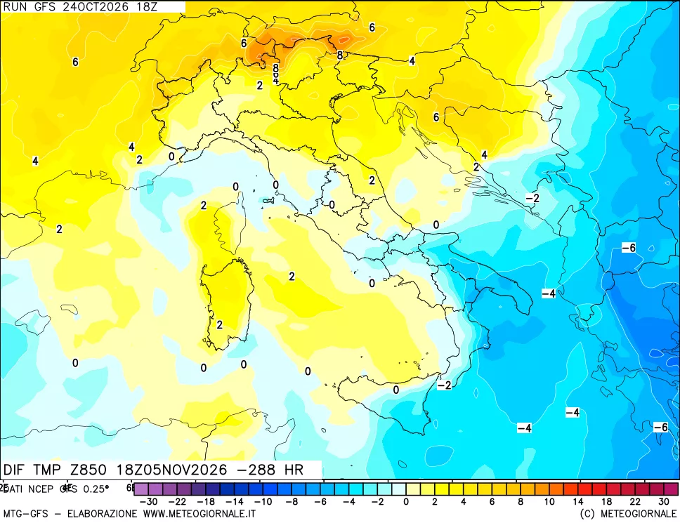 mappa Dif. Temp a 850 hPa Valid - Init