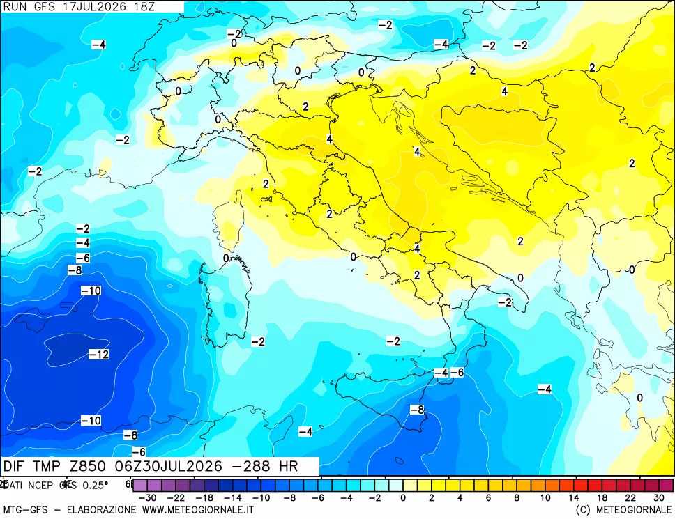mappa Dif. Temp a 850 hPa Valid - Init