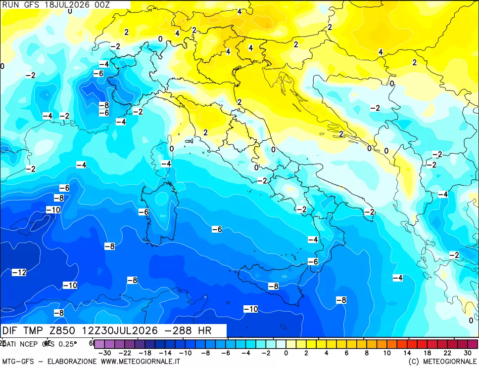 mappa Dif. Temp a 850 hPa Valid - Init