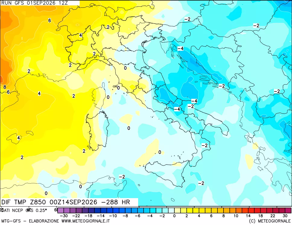 mappa Dif. Temp a 850 hPa Valid - Init