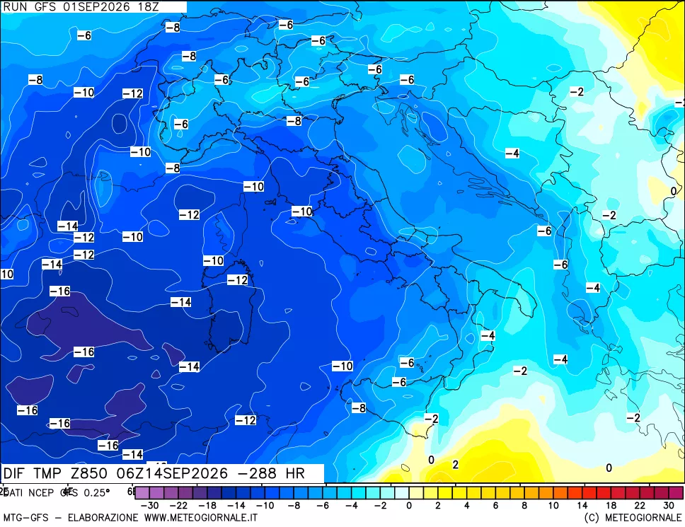 mappa Dif. Temp a 850 hPa Valid - Init