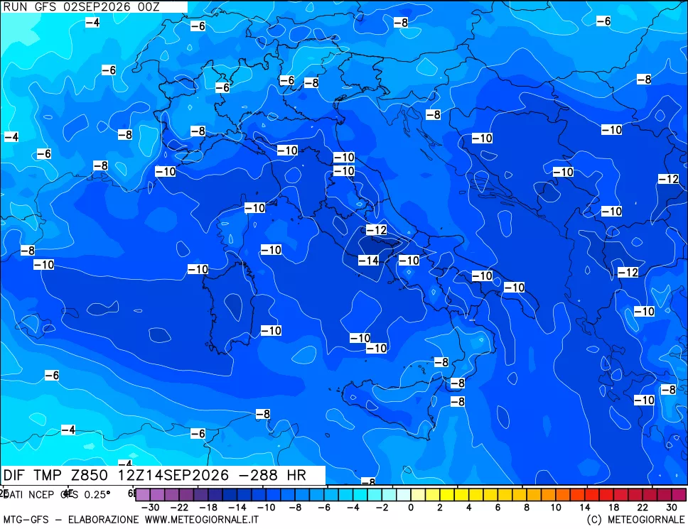 mappa Dif. Temp a 850 hPa Valid - Init