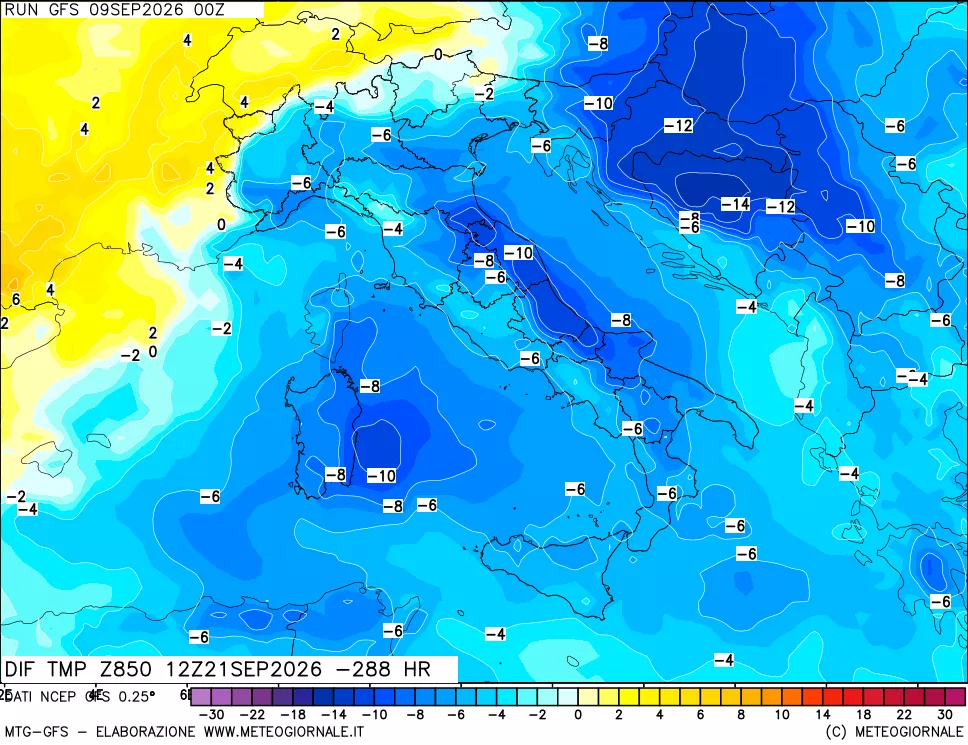 mappa Dif. Temp a 850 hPa Valid - Init