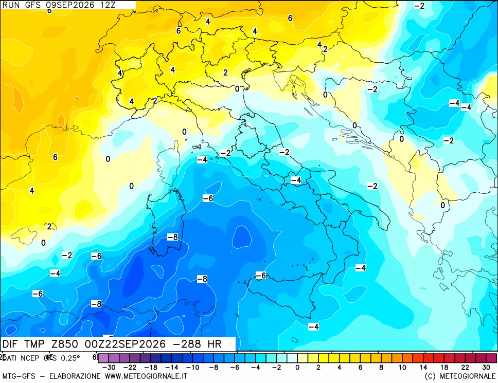 mappa Dif. Temp a 850 hPa Valid - Init